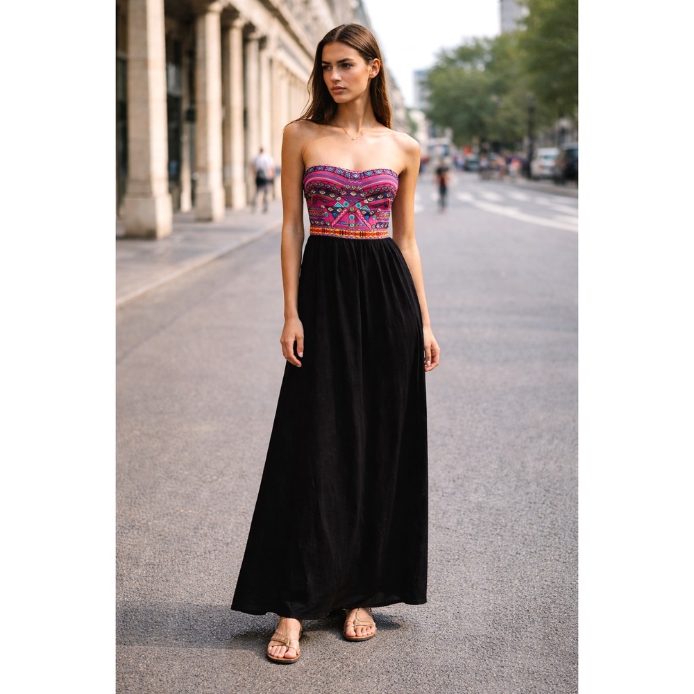 Marineblu Womans‎ Size S Dress Maxi Black Pink Embroidered Strapless Dress Boho